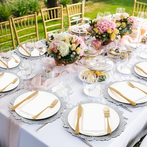 Reef-Charger-Plate-Set-Bulk-13-Plastic-Plate-Chargers-Matte-Ruffled-Rim-Charger-Plates-with-Paper-Napkins-Disposable-Guest-Towels-for-Table-Setting-Wedding-PartySilver-100-Pcs