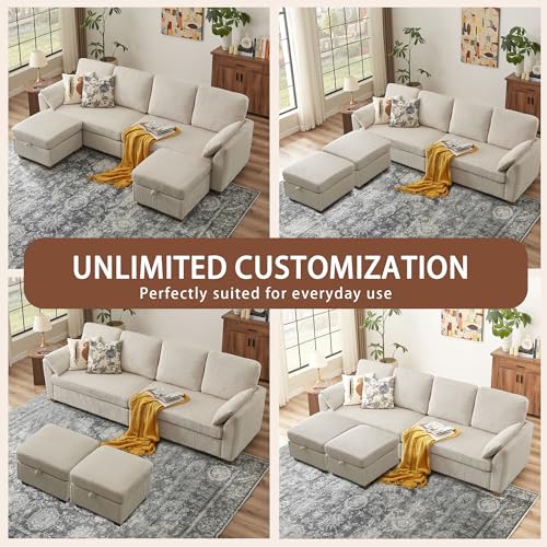 Image of Sectional Sofa with Dual Storage Ottomans, 4 Seat U Shaped Couches for Living Room: Soft Corduroy | Double Movable Chaise Ottoman | Modern Reversible Convertible Couch Set, Beige