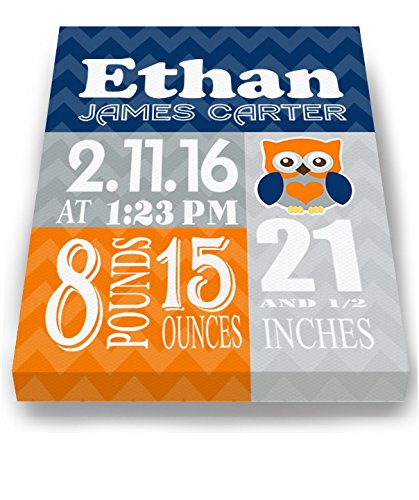 Personalized Stretched Canvas Birth Announcement Gift, Custom Baby Name, Date, Weight Stats, Newborn Owl Nursery Wall Art Decor, Wooden Frame Construction, Ready to Hang 24X30