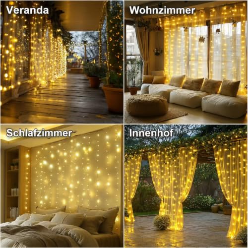 HXWEIYE 300LED Lichtervorhang 3mx3m USB, Fernbedienung, 8 Modi & Timer – Ansicht 6