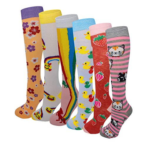 Girls Youth Baby Children's Novelty Design Knee High Socks (L (FIt Kids Shoes 9 to Big Kids 4), 6 Pairs Fancy Design)