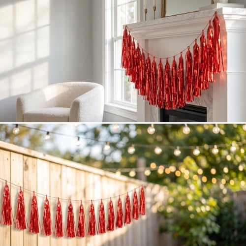 Image of 4P Red Foil Fringe Metallic Tassel Streamers Banner Tassel Garland for Parade Floats, Bachelorette, Wedding, Birthday, Halloween, Christmas, Bridal /Baby Shower Party Decorations