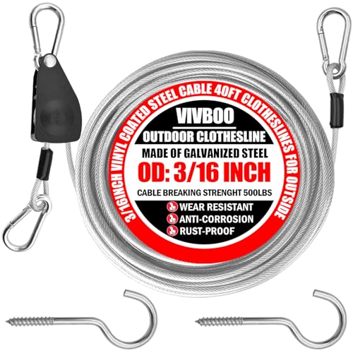 40ft-Clothes-Line-Outdoors-316-Wire-Ropes-Silver-PVC-Coating-Laundry-Drying-Clothesline-Retractor-with-Metal-Hooks-Heavy-Duty-for-Umbrella-Travel-Outside-Camping-Backyard 40ft Clothes Line Outdoors 3/16" Wire Ropes Silver PVC Coating Laundry Drying Clothesline Retractor with Metal Hooks Heavy Duty for Umbrella Travel Outside Camping Backyard - Image 1
