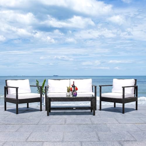 Image of BRISHI Outdoor Sofa Set || Balcony Sofa || Patio Furniture Sets || Indoor Sofa|| Wicker Rattan Garden Sofa Set with Cushion and Center Table, 4 Seater (Black-White)
