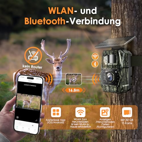 Wildkamera WLAN mit Handyübertragung App, 4K 64MPWildkamera Solar mit Akku 5200mAh Wildtierkamera mit Bewegungsmelder Nachtsicht 0,1s Auslösezeit Wildtierkamera Bluetooth Nachtsichtkamera, IP66