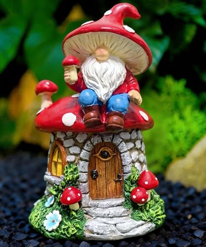 QCF Solar Mushroom Gnomes Houses Figurine Lights, 8" Height Fairy