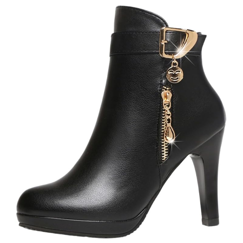Ladys high-heeled short boots large size side metal design rubber sole comfortable