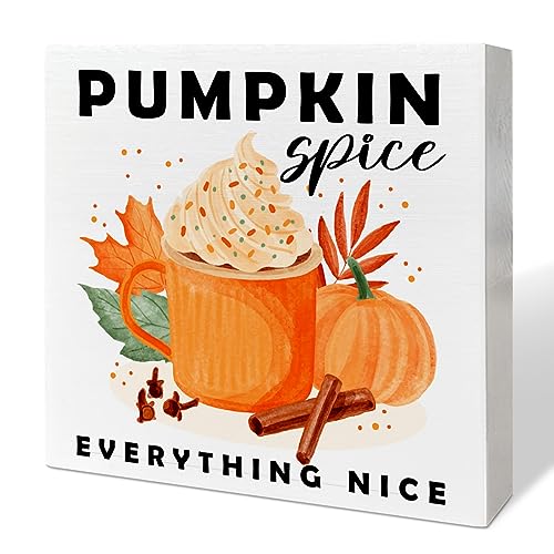Image of Fall Table Wooden Box Sign, Pumpkin Spice Everything Nice, Autumn Table Decor, Fall Pumpkin Farmhouse Tabletop Decorations for Home, Kitchen, Harvest, Thanksgiving, Rustic Desk Decor