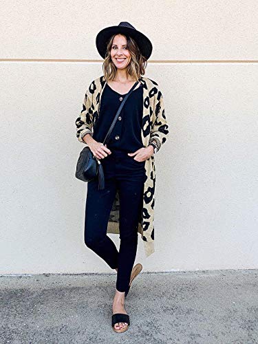 BTFBM Women Long Sleeve Open Front Leopard Knit Long Cardigan Casual Print Knitted Maxi Sweater Coat Outwear with Pockets (Khaki, Medium)
