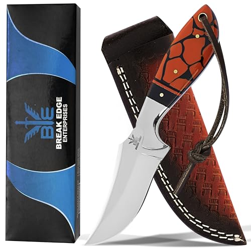 BE BREAK EDGE Premium Skinner Cow Boy Knife, Fixed Blade, Stainless Steel,Hunting Knife With Leather Sheath (Orange)