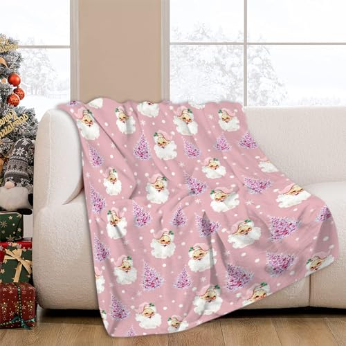 JOOCAR Pink Christmas Throw Blanket Santa Claus Merry Christmas Happy New Year Blanket Cozy Soft Lightweight Flannel Plush Blankets for Bed Couch Living Room Sofa Chair,50x60 Inch - Image 2