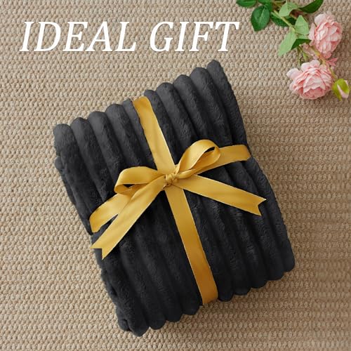 Image of BEDELITE Ribbed Twin Blanket for Couch & Bed, Black, 60 inchx80 inch
