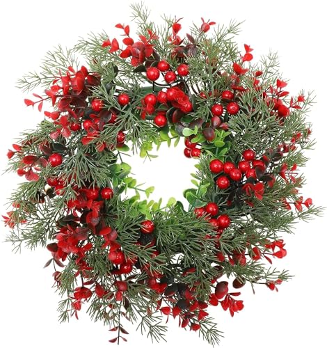 YouXiaor Corona de Navidad para Puerta,Coronas Navidad Corona de Adviento de árbol Navidad Conos de Pino Artificial de Acebo Rojo Corona de Bayas Corona de Navidad Adornos Navideños para Casa