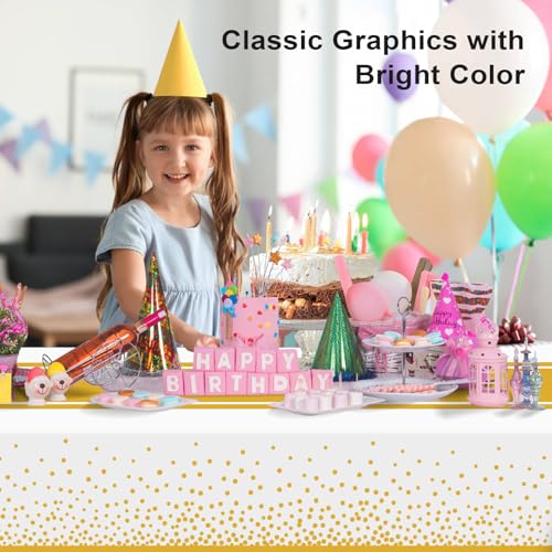 Image of 6 Pack White and Gold Tablecloth Party Decorations Plastic White Tablecloth Printed Gold Table Runner 54 x108 Inch Disposable Rectangle Table Cover for Birthday Wedding Graduation
