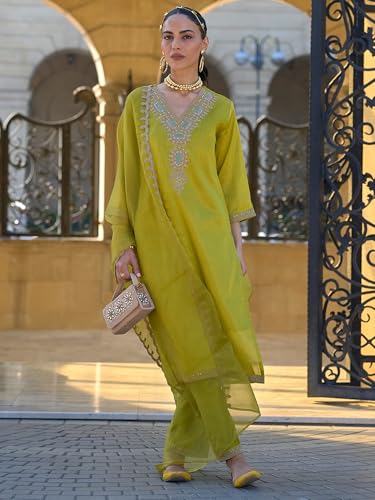 Image of INDO ERA Women's Silk Blend Embroidered Straight Kurta and Pant with Dupatta Set (KH9BK6210)