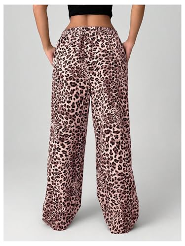 Image of RoseSeek Women's Letter Leopard Print Y2K Straight Elastic Waist Leg Pants | Cheetah Print, Straight, Baggy Loose Fit, Slant Pocket, Streetwear, Vintage, Graphic Trousers