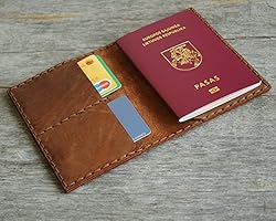 Marrone scuro porta-passaporto di pelle, documenti di viaggio con tasche e carte