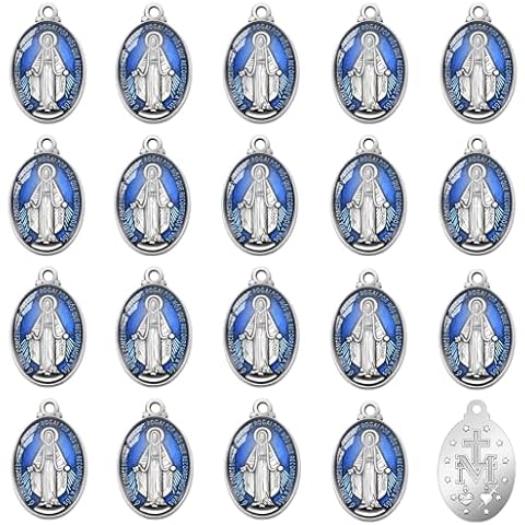 YionZian 40Pcs Oval Alloy Blue Enamel Catholic Medalla Milagrosa de La Virgen Maria Charm Pendant for Diy Rosary Necklace Mexican Bracelet Jewelry Making Cover