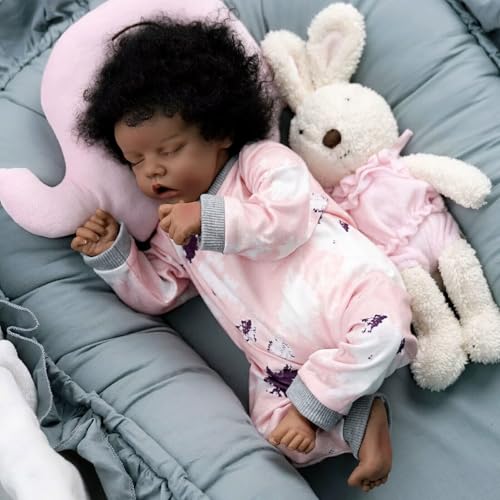 Muñeca Reborn 18" Africana con Pelo Rizado y Onesie Rosa miniatura 4