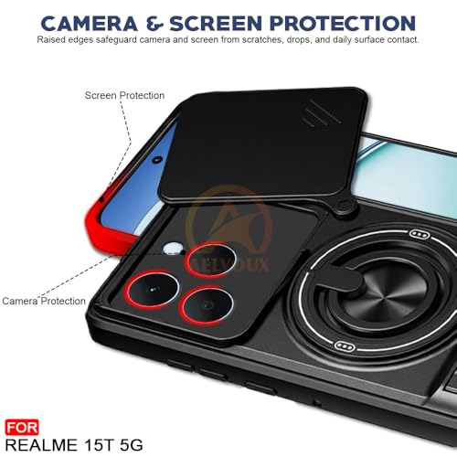 Image of Realme 15T 5G / Realme Narzo 90 5G Back Cover | Armor Camera Slider 360 Degree Rotating Finger Ring Holder Case with Bracket Stand Back Case Cover (Compatible with MagSafe Accessories) (Black)