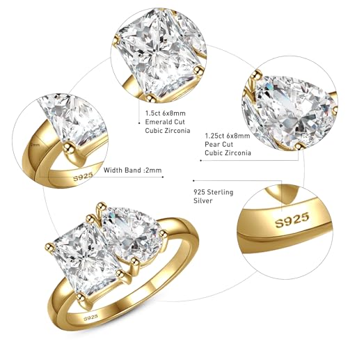 2.75ct Toi Et Moi Women Engagement Ring, 925 Sterling Silver Double Stone Emerald & Pear Cut Cubic Zirconia Wedding Eternity Unique Statement Ring I LOVE You Width Band 2mm Size 5-93