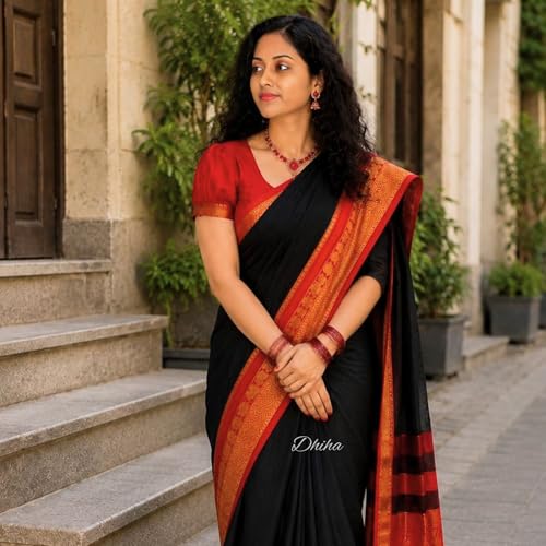 Image of Narayanpet Pure Cotton Avani Border Saree for Women with Running Blouse | Tassels | Traditional Woven Solid Design | Handloom Weave