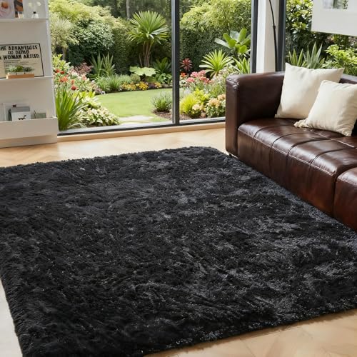 OMERAI Tappeto Salotto, 120X180CM Peloso Tappeti Moderni Soggiorno, Nero Moderno Camera da Letto, Shaggy Tappeti Morbido e Soffice per la Camera