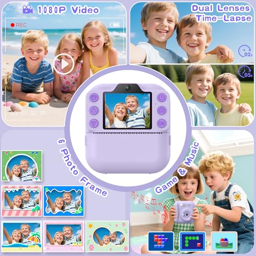 Image of Kids Instant Camera with 64GB SD Card, Portable Digital Camera Toy for Girls and Boys Ages 3-12, Toddler Christmas and Birthday Gift for 3 4 5 6 7 8 9 10 Year Old Kids (Purple)