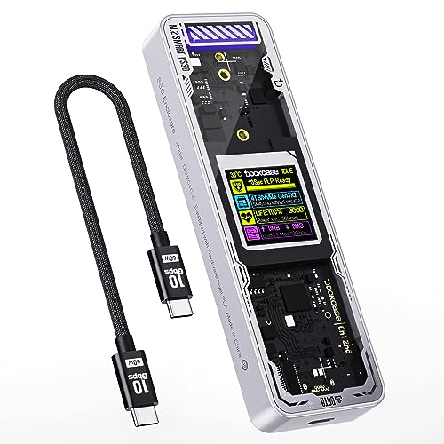 DOCKCASE Explorer Edition Smart SSD Enclosure-10s Power Loss Protection, NVMe M.2 Enclosure Real-time SSD Health Detection, Dual Type-C Ports USB-C 3.2 (10Gbps) Supports NVMe SSD Up to 4TB Silver