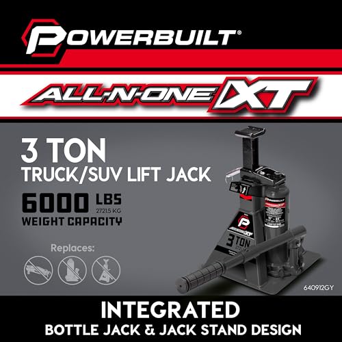 Image of POWERBUILT 3 Ton All-in-One Hydraulic Bottle Jack and Jackstand in One, Compact, Wide Base, 11-21 Inch Range, Eliminates Jackstands, for Trucks, SUVs, RVs, Trailers, ASME, Not for Sedans - 640912