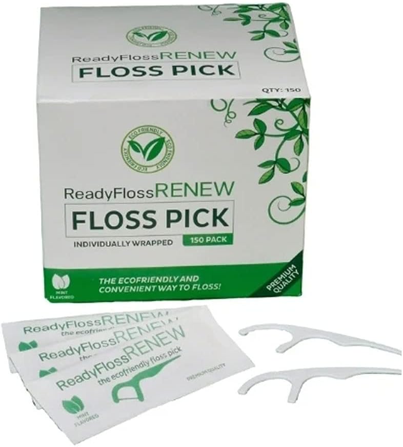 Natural Readyfloss Renew Floss Picks | Made from Sustainable Plant-Based Materials | Soft and Flexible Protect Young Mouth | 150 Wrapped Picks