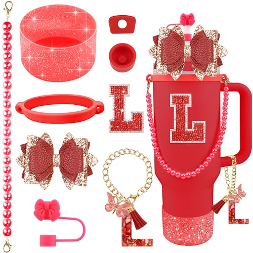 Hpebl 9PCS Red for Stanley Cup Accessories Set Bling Initials Bow Charms for Stanley Decorations 30/40 Oz Tumbler Accessories Including Bow Straw Topper, Handle Strap, Spill Stopper（Letter L） - image 1
