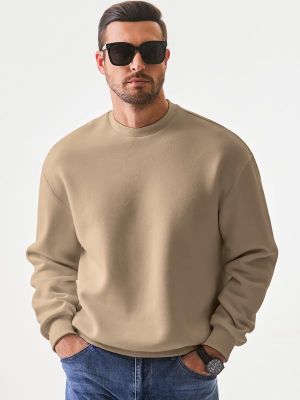 JMIERR Baumwolle Pullover Herren Freizeit Rundhals Sweatshirts Winter Langarm Hoodies Loose Fit Beige L