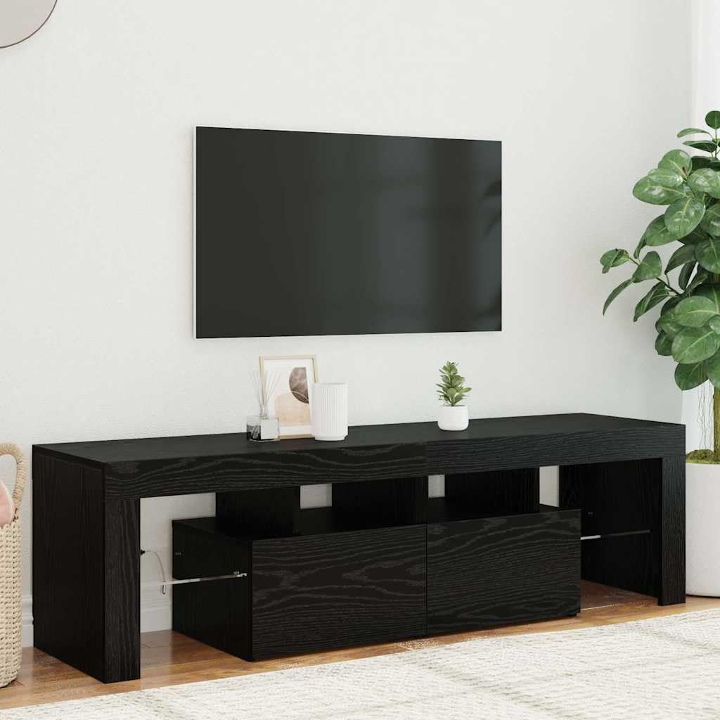 Szafka pod telewizor z diodami LED, kolor czarny, imitacja dębu, wielofunkcyjny stojak pod telewizor, kredens do salonu, gabinetu, 140 x 36,5 x 40 cm