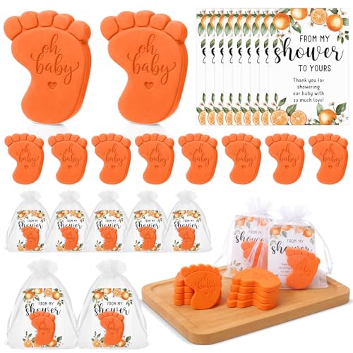 Image of 50 Sets Baby Shower Soap Favors for Guests - Mini Handmade Footprint Scented Soap with Thank You Cards and Organza Bag, Party Gifts for Gender Reveal Baptism(Tangerine,Orange)