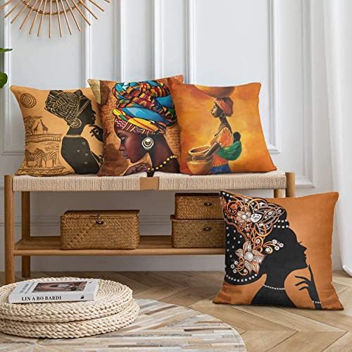 Realhomes Set of 4 African Woman Illustration Pattern Square Cushion Cover - Pack 4 Safari Black Throw Pillowcase - Ethnic Themed Brown Decorative Accent Pillow Cover - 18x18 inc