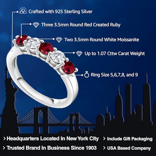 Gem Stone King 925 Sterling Silver Red Created Ruby and White Moissanite 5-Stone Wedding Anniversary Band Ring For Women (1.07 Cttw, Gemstone July Birthstone, Available In Size 5, 6, 7, 8, 9)2