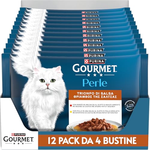 GOURMET Perle Cibo Umido per Gatti Adulti Filettini in Salsa con Manzo e Pollo 48 Buste da 85g