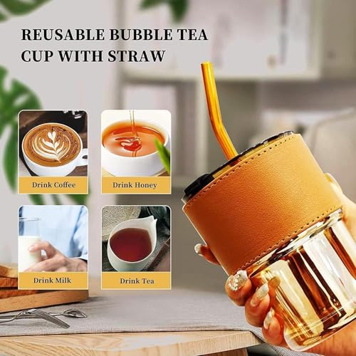 Image of Glass Coffee Cup with Straw & Lid, Anti Skid Leather Sleeve Grip Handle Tumbler Mug for Hot & Cold Beverages,Tea Coffee Smoothies Juice 400ML(Set of 1)