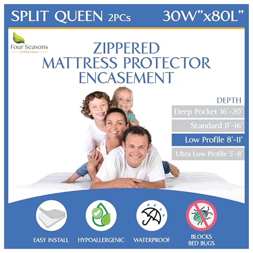 Split Queen Mattress/Box Spring Encasement 30" x 80" (2PCs) - Waterproof Zippered Protector Premium Quality Hypoallergenic Bed Cover Protects Against Dust - Breathable Smooth Fabric