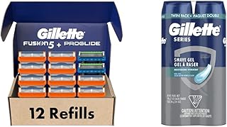 Gillette Men's Razor Blade Refills, 10 Fusion 5 Cartridges, 2 ProGlide Cartridges, Blue,Orange,Green, 1 Count (Pack of 12) & Series 3X Action Shave Gel, Moisturizing Twin Pack (198g Each)