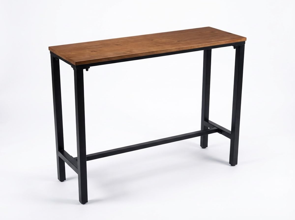 Table de bar – Table haute de cuisine, petit déjeuner, pub, salle à manger, 2 cm d'épaisseur, cadre en bois massif, couleur châtaigne, supporte 150 kg, parfaite pour la cuisine et la salle à manger