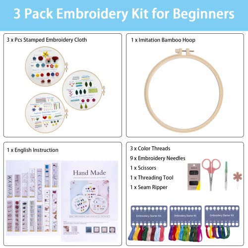 Embroidery Kit Beginners Embroidery Stitch Practice Kit, Chfine 3 Sets Hand Embroidery Starter Kit With 1 Hoop Learn 25 Different Stitches For Craft Lover Adult Stitch With Embroidery Skill Techniques #TOP1