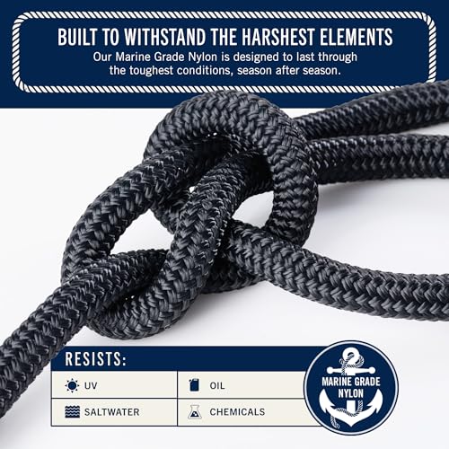 Image of RainierSupplyCo Boat Anchor Rope - Double Braided Marine Rope Anchor Line - 50 ft x 1 /4 Inch Nylon Boating Line with 316 Stainless Steel Thimble and Heavy Duty Marine Grade Snap Hook - Black