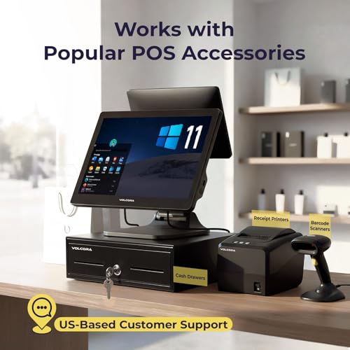Image of Volcora Retail and Restaurant POS Terminal Machine for Small Business, Point of Sale Cash Register with Windows 11 Professional, CPU Intel Core i5, 15.6 inch &11.6 inch Dual Touch Screen, Black, Hardware Only