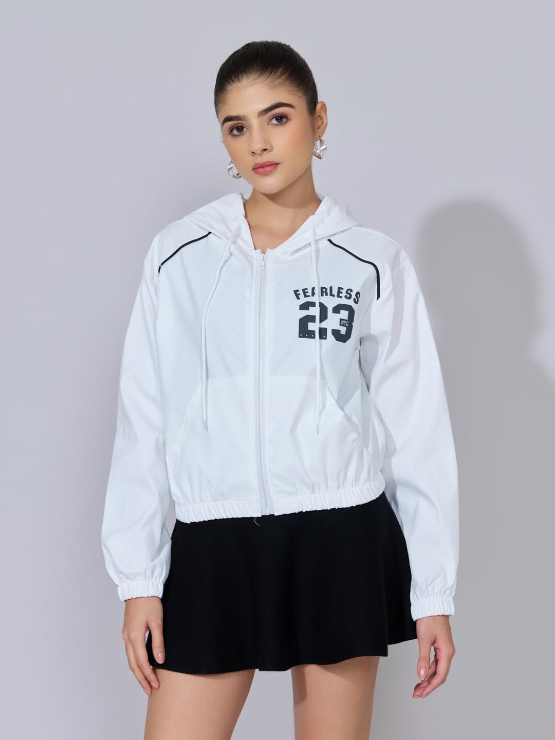SHOWOFFFF Women Graphic Bomber Jacket | Hooded Full Sleeves Nylon Jacket for Womens | Regular Fit Regular Length Jacket for Women's | WhiteBlack-L 1