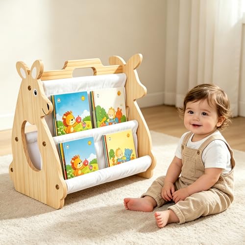Clickovia BüCherkiste Kinder Aus Holz, BüCcherregal Kinder Montessori Känguru Design, Bücherregal Kinder Holz 4-Stöckig Montessori Regal, Mit Abgerundeten Ecken, Für Kinderzimmer Kindergarten