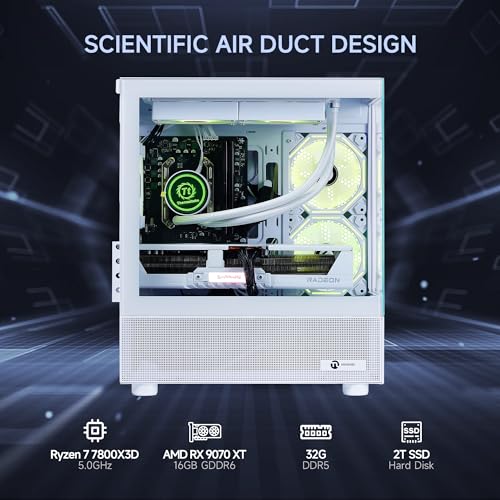 Image of NINGMEI Gaming PC Desktop, AMD Ryzen 7 7800X3D 8 core 4.2GHz(up to 5.0GHz), AMD Radeon RX 9070 XT 16GB, 32GB DDR5 RAM 6000MHz, 2TB NVME SSD, 850W Gold PSU, Windows 11 Home 64-bit, White