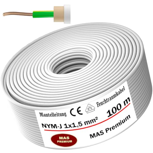 Cable de alimentación de 5 a 100 m para ambientes húmedos, NYM-J, 1 cable eléctrico de 1,5 mm², anillo OFC para instalación fija (100 m)