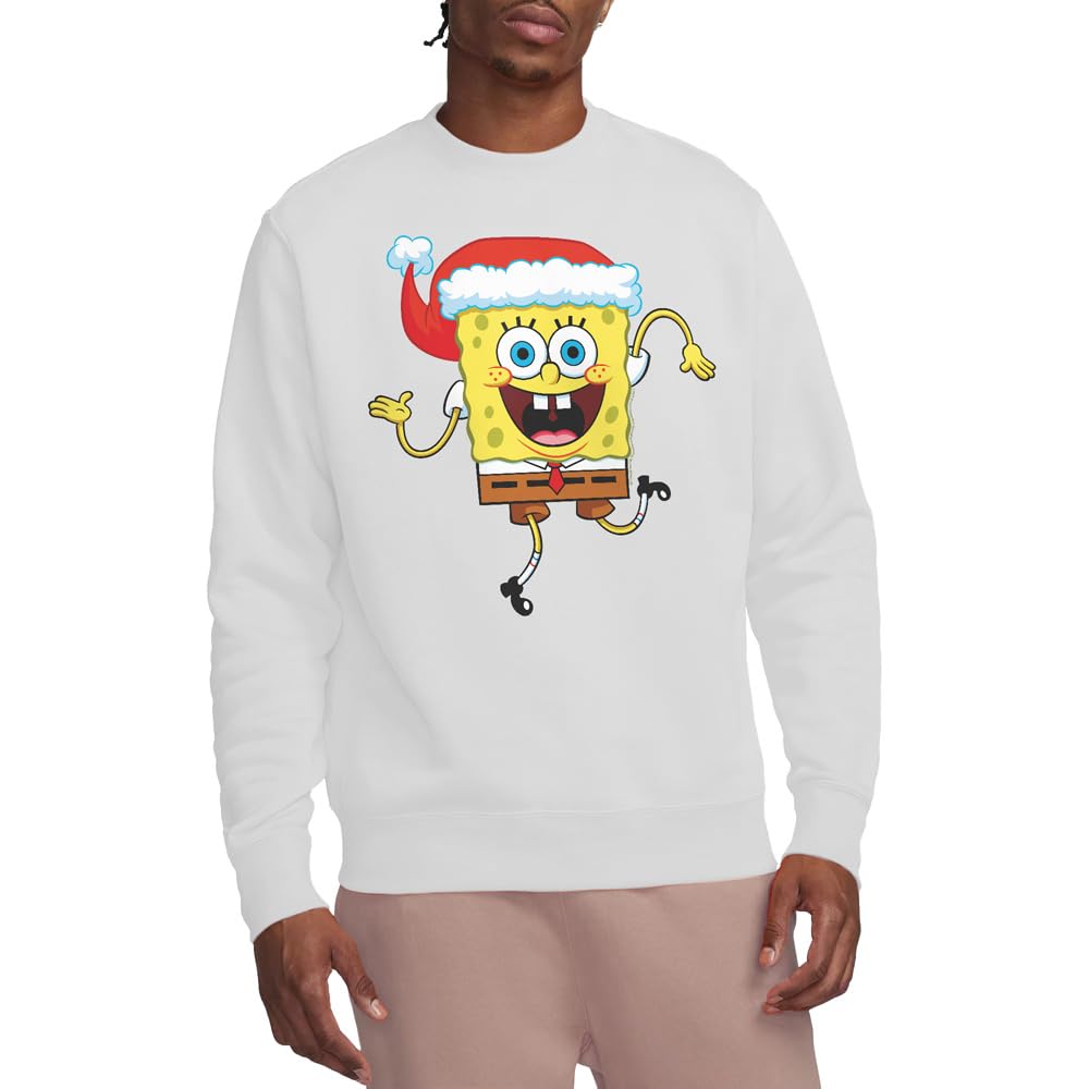 Spongebob Squarepants Christmas Santa Hat Crew Sweatshirt, White, Medium